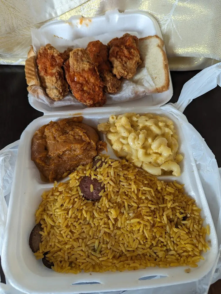 5 Piece Wing Dinner with Jambalaya Rice Sweet Potato Casorole and Macaroni and Cheese